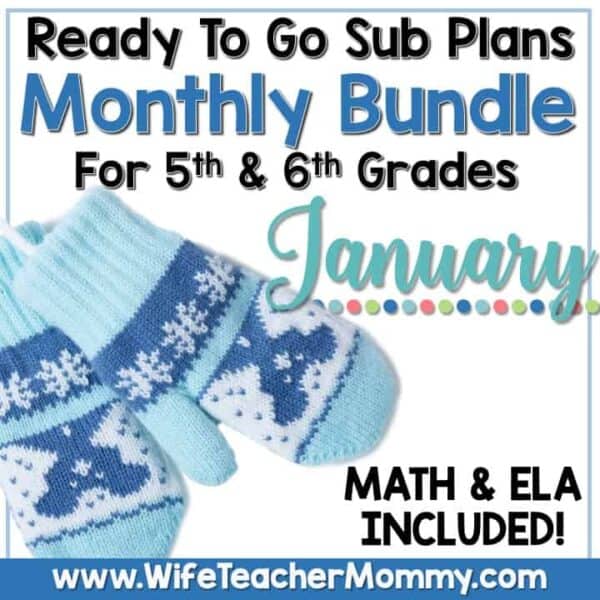 blue mittens with snowflakes- January lesson plans for 5th & 6th grade math and ela