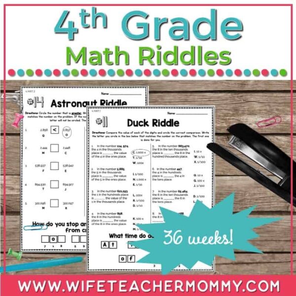 36 weeks of math riddle worksheets for 4th grade
