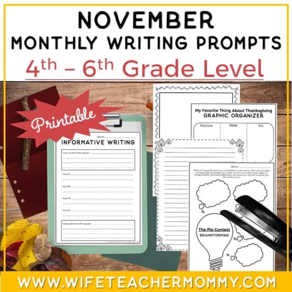 November Writing Prompts for 4th-6th Grades PRINTABLE