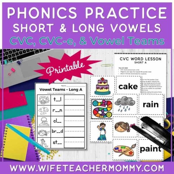 Phonics Practice: Short and Long Vowels CVC, CVC-e, Vowel Teams PRINTABLE