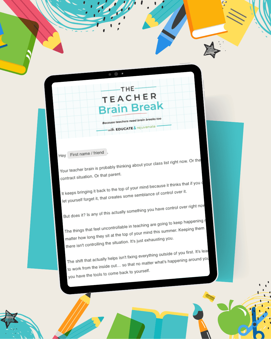 The Teacher Brain Break email shown on a tablet